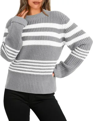 KIRUNDO Women's 2025 Fall Winter Striped Color Block Short Sweater Long Sleeve Crew Neck Casual Loose Knit Pullover Tops