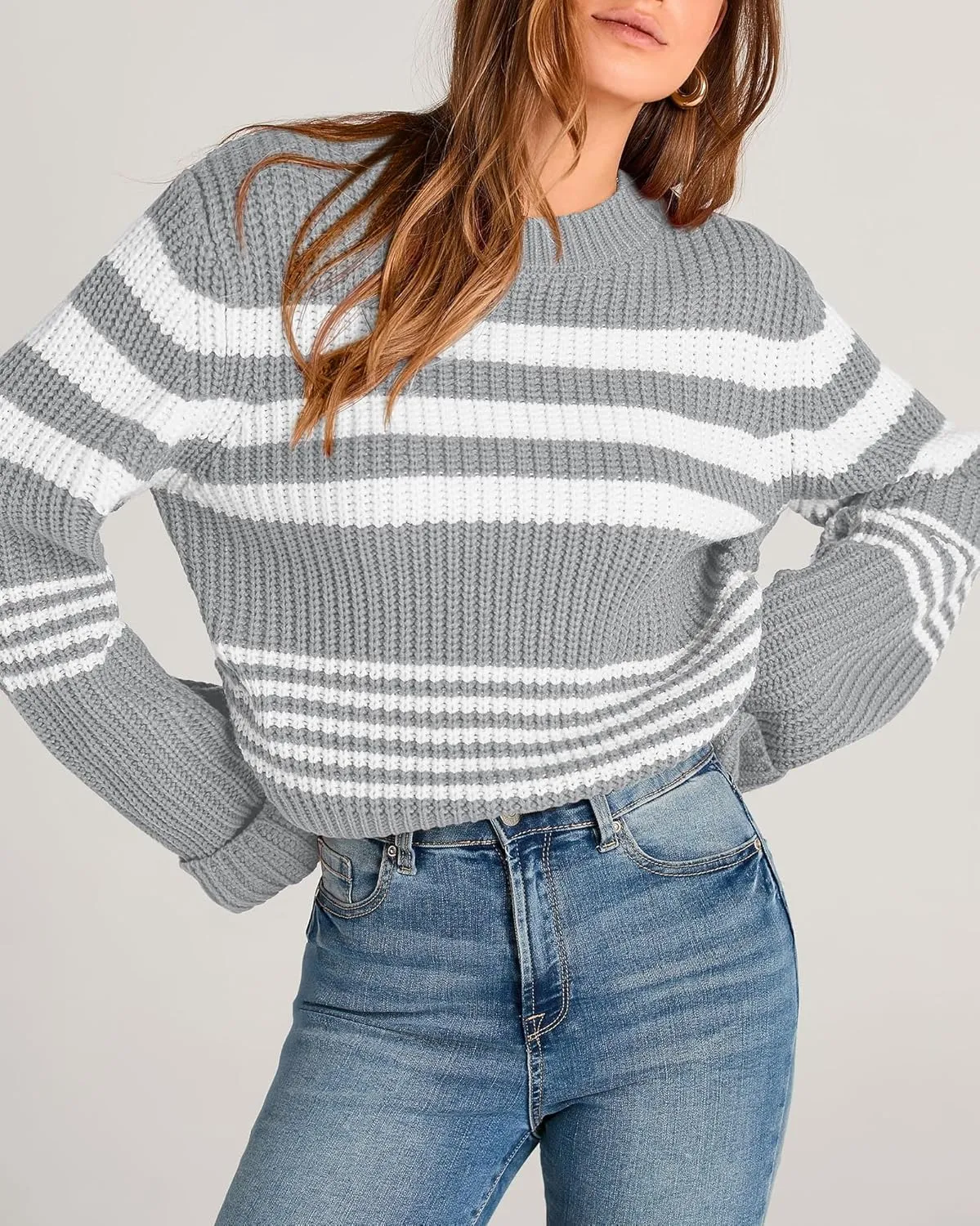 KIRUNDO Women's 2025 Fall Winter Striped Color Block Short Sweater Long Sleeve Crew Neck Casual Loose Knit Pullover Tops