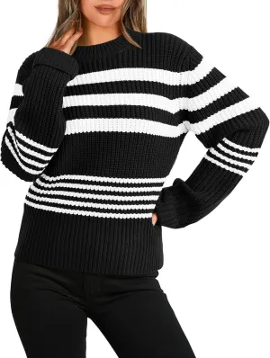 KIRUNDO Women's 2025 Fall Winter Striped Color Block Short Sweater Long Sleeve Crew Neck Casual Loose Knit Pullover Tops