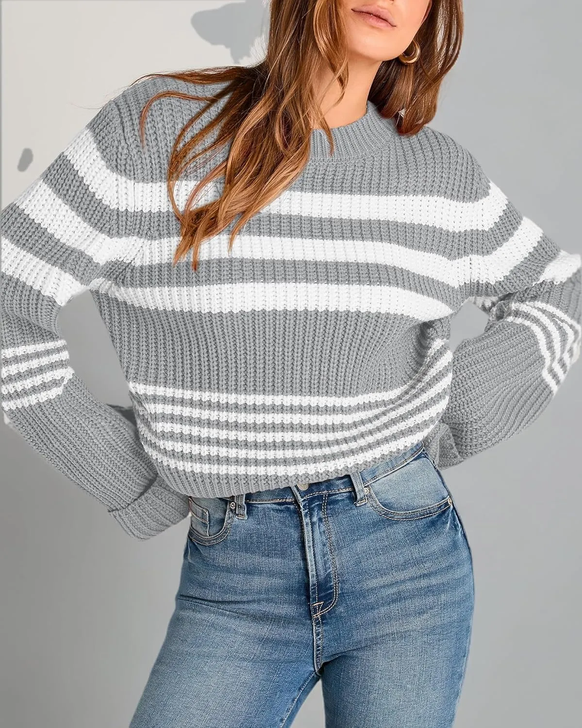 KIRUNDO Women's 2025 Fall Winter Striped Color Block Short Sweater Long Sleeve Crew Neck Casual Loose Knit Pullover Tops