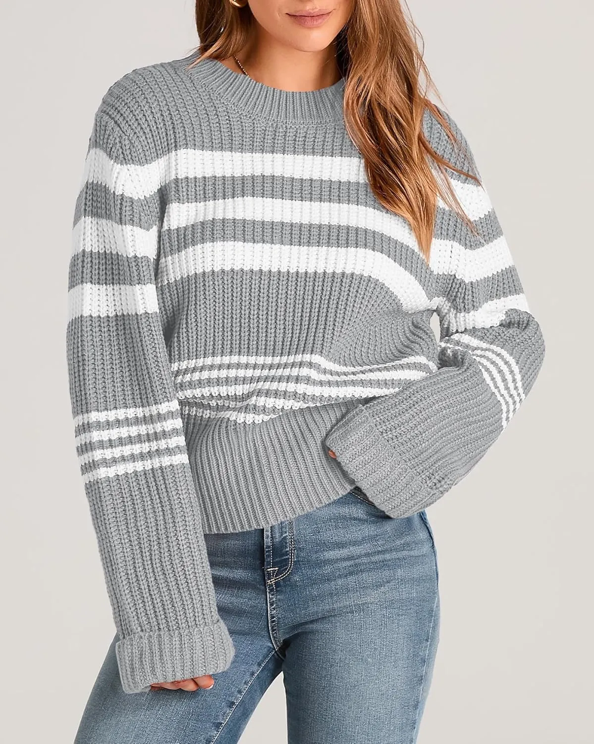 KIRUNDO Women's 2025 Fall Winter Striped Color Block Short Sweater Long Sleeve Crew Neck Casual Loose Knit Pullover Tops