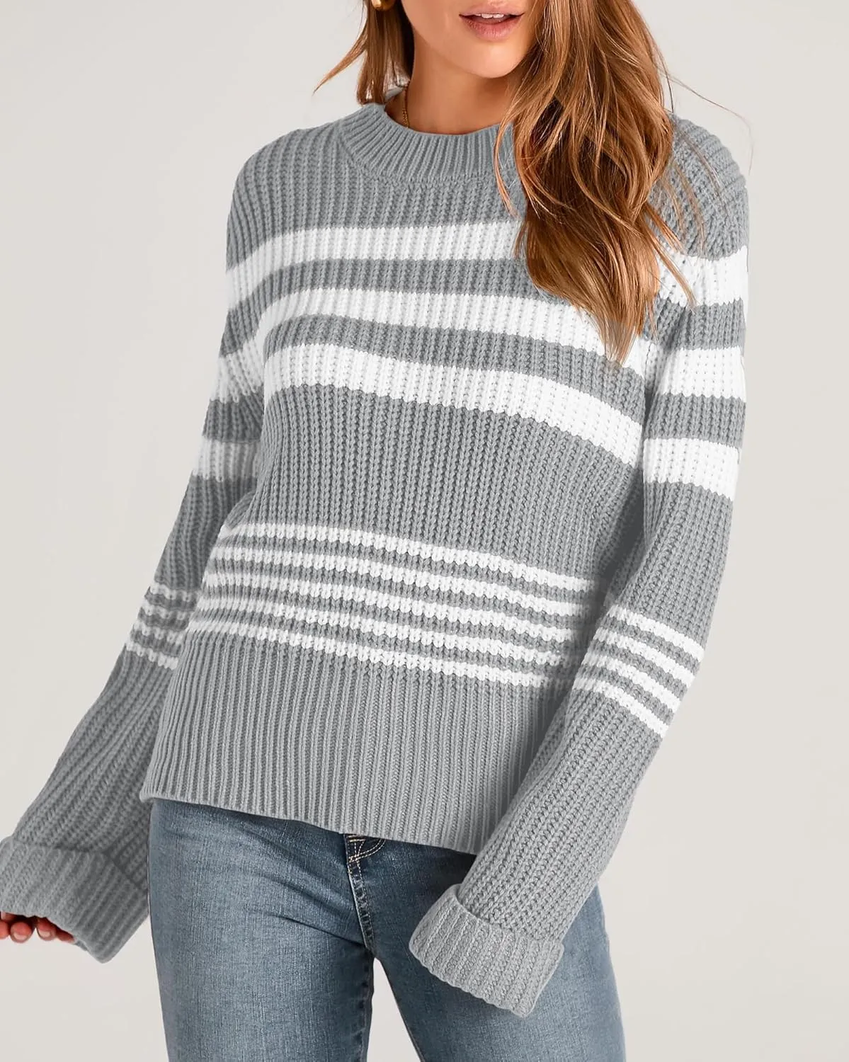 KIRUNDO Women's 2025 Fall Winter Striped Color Block Short Sweater Long Sleeve Crew Neck Casual Loose Knit Pullover Tops