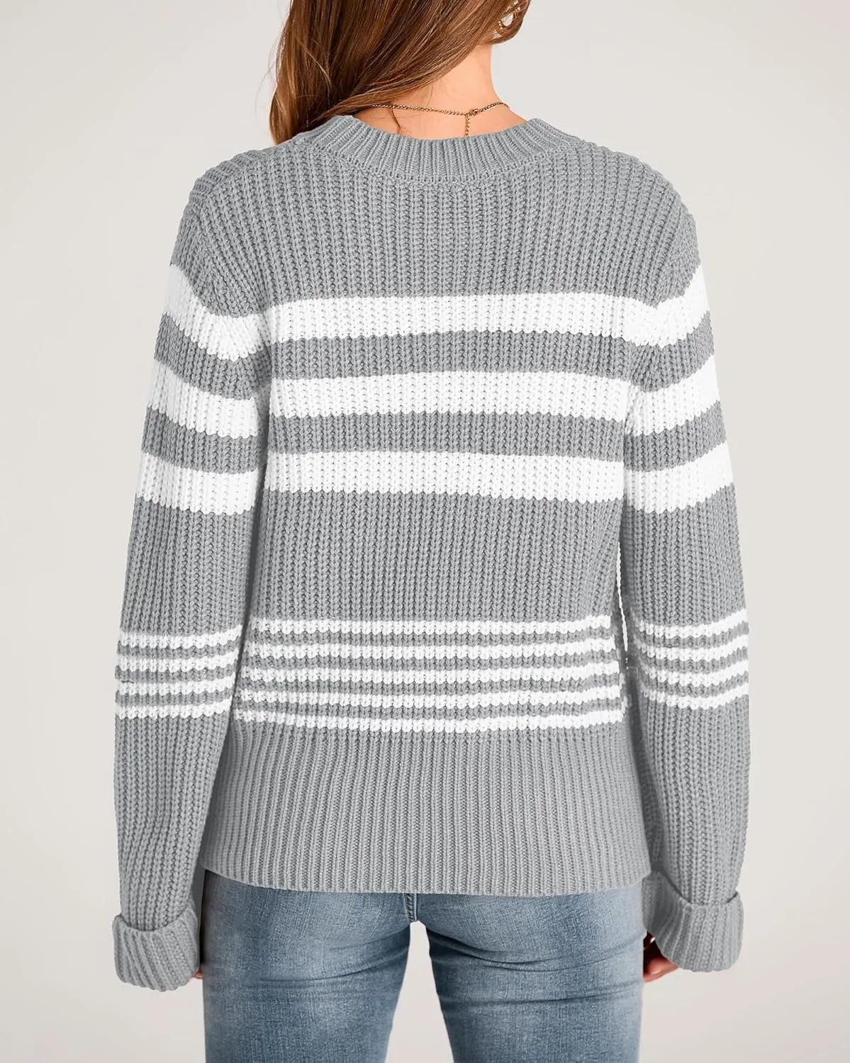 KIRUNDO Women's 2025 Fall Winter Striped Color Block Short Sweater Long Sleeve Crew Neck Casual Loose Knit Pullover Tops
