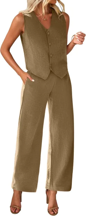 KIRUNDO Womens Two Piece Outfits Summer Fashion Button V Neck Crop Vest Blazer and Wide Leg Pants Suit Matching Sets