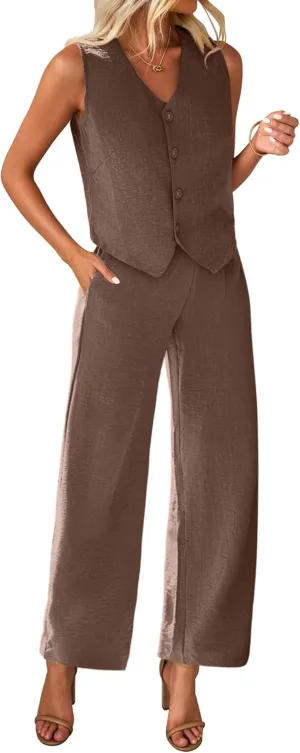 KIRUNDO Womens Two Piece Outfits Summer Fashion Button V Neck Crop Vest Blazer and Wide Leg Pants Suit Matching Sets
