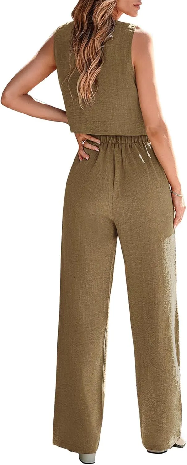 KIRUNDO Womens Two Piece Outfits Summer Fashion Button V Neck Crop Vest Blazer and Wide Leg Pants Suit Matching Sets