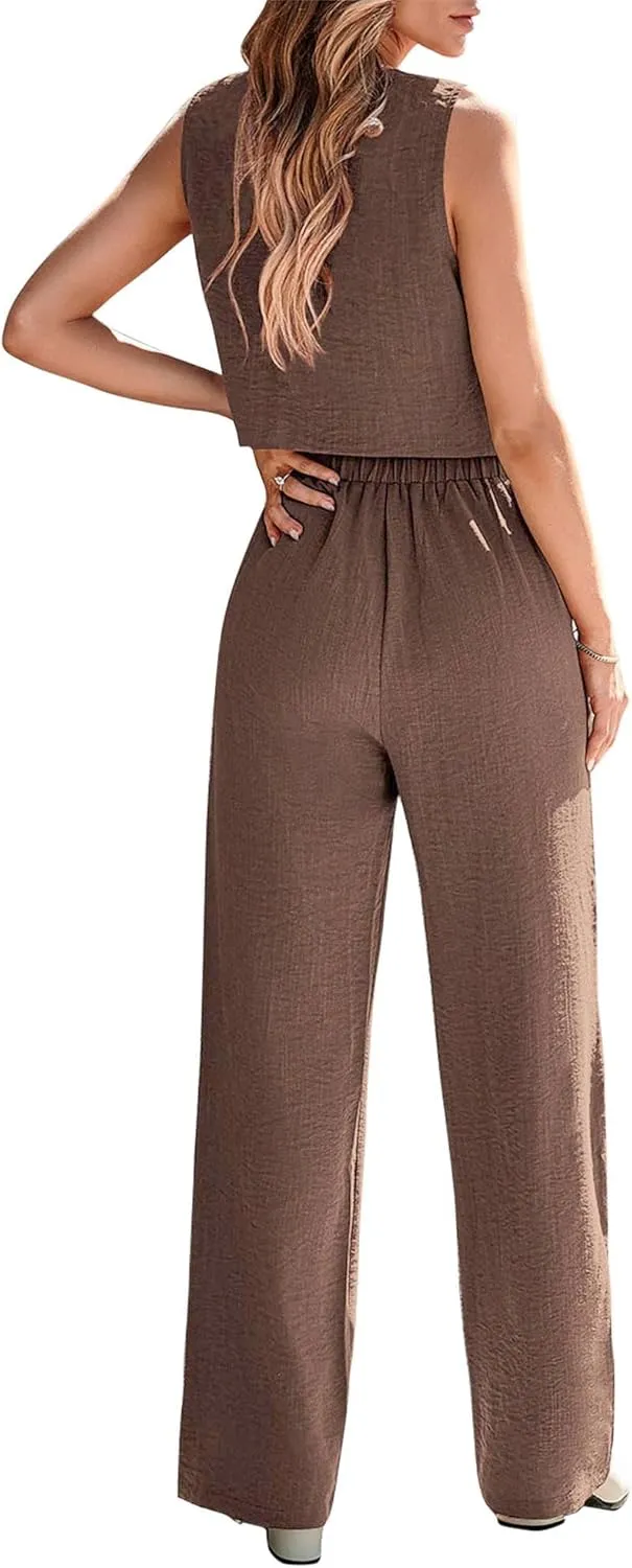KIRUNDO Womens Two Piece Outfits Summer Fashion Button V Neck Crop Vest Blazer and Wide Leg Pants Suit Matching Sets