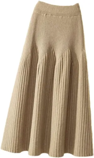 Knitted Skirt Women Casual Solid A Line High Waist Pleated Midi Long Skirt Female Ladies