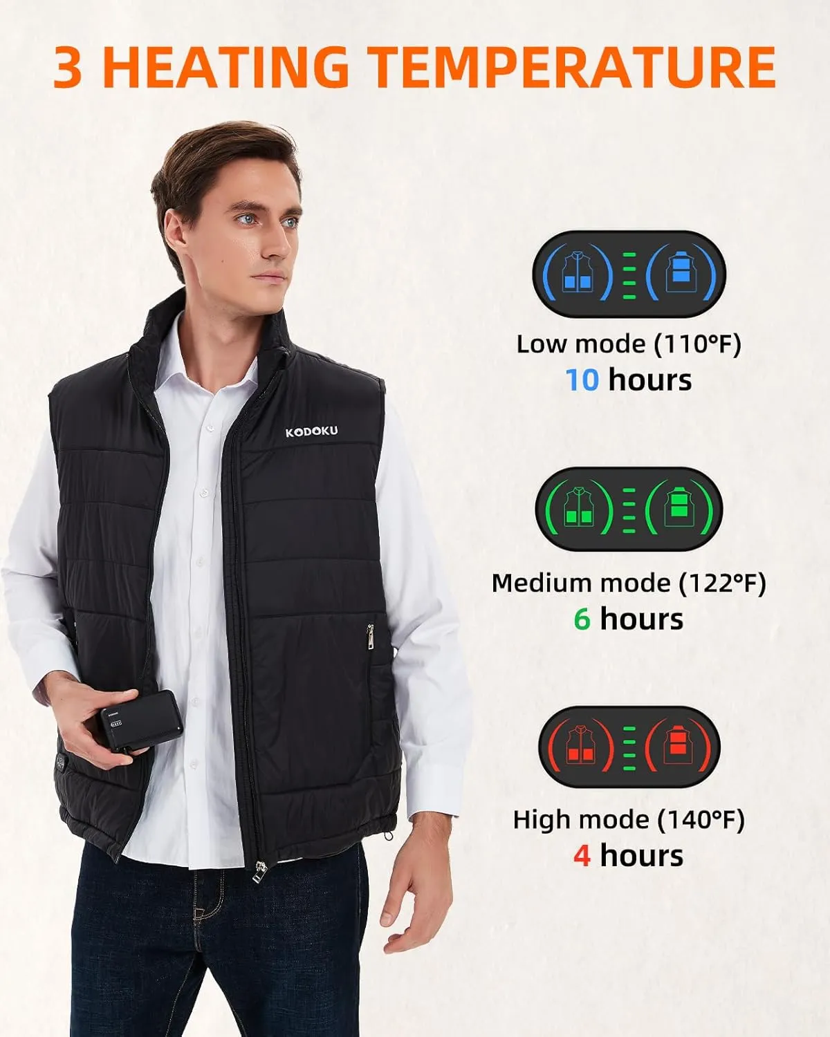 KODOKU Men's Heated Vest with Battery Pack 7.4V, 2024 Upgrade Heating Wire, Lightweight Vest Base Layer for Winter Outdoor