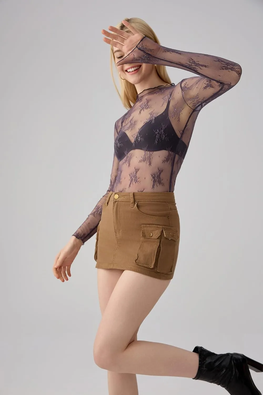 KTILG Womens Mesh Long Sleeve Top Sheer Blouse Sexy See Through Tee Shirt Lace Tops S-XXL