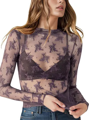 KTILG Womens Mesh Long Sleeve Top Sheer Blouse Sexy See Through Tee Shirt Lace Tops S-XXL