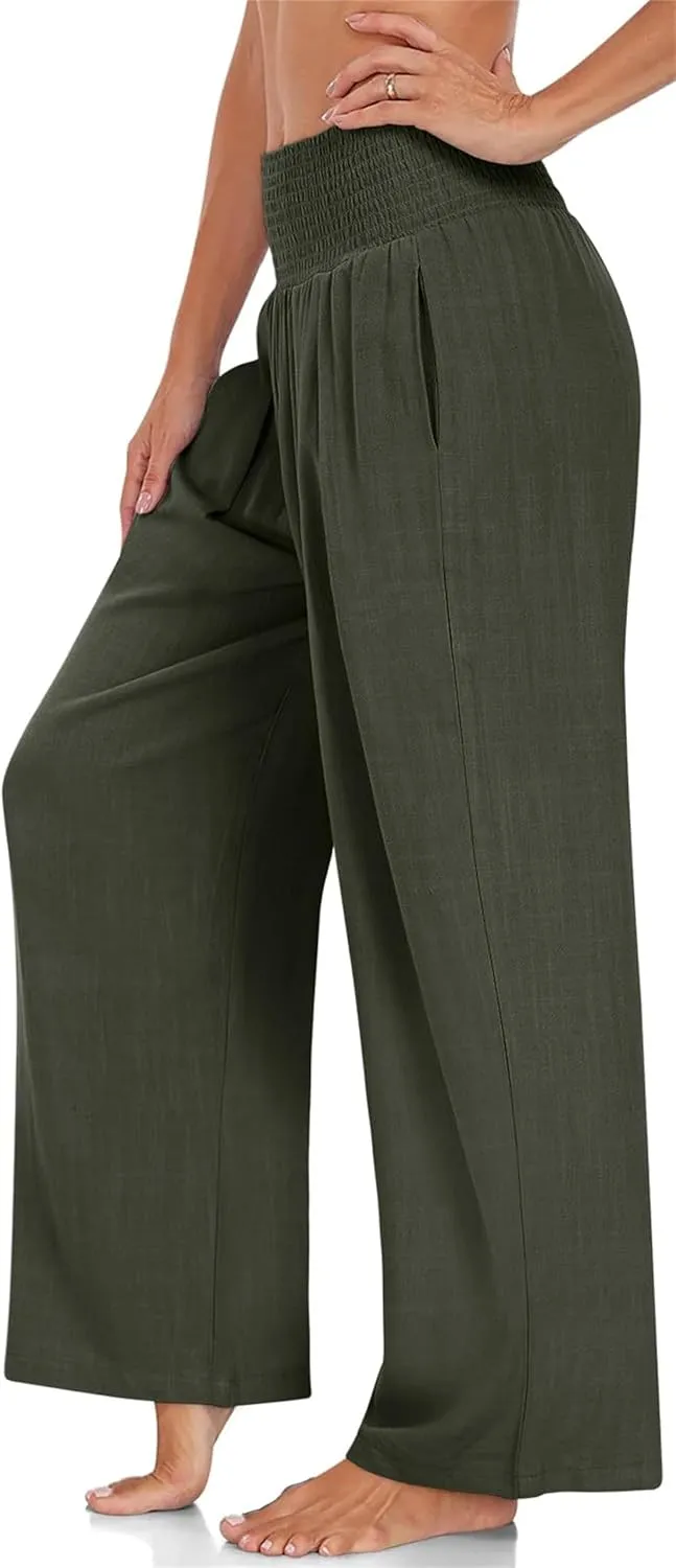 Kubbon Women's Linen Palazzo Pants Wide Leg High-Waist Yoga Sweatpants Casual Flowy Sport Loose Beach Trousers with Pockets