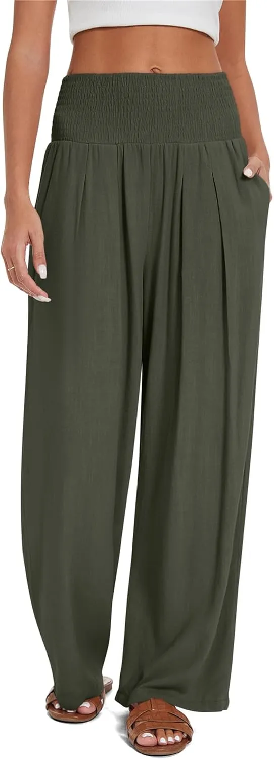 Kubbon Women's Linen Palazzo Pants Wide Leg High-Waist Yoga Sweatpants Casual Flowy Sport Loose Beach Trousers with Pockets