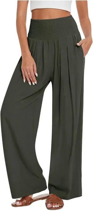 Kubbon Women's Linen Palazzo Pants Wide Leg High-Waist Yoga Sweatpants Casual Flowy Sport Loose Beach Trousers with Pockets