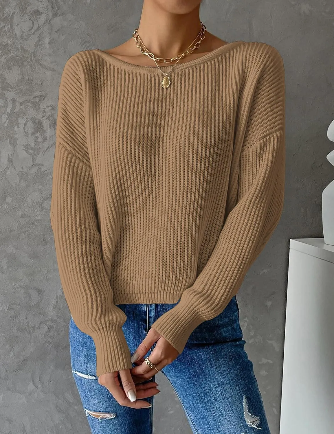 Labolliy Women Twist Back Backless Drop Shoulder Long Sleeve Pullover Rib Knit Sweater Tops