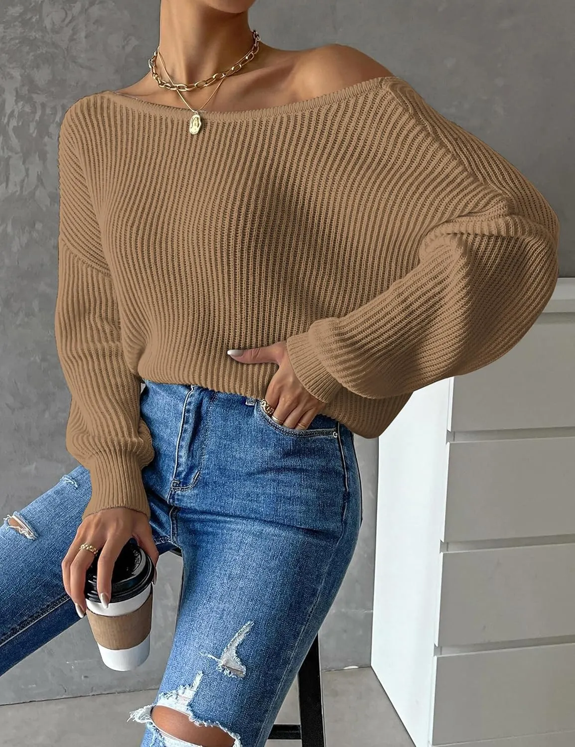 Labolliy Women Twist Back Backless Drop Shoulder Long Sleeve Pullover Rib Knit Sweater Tops