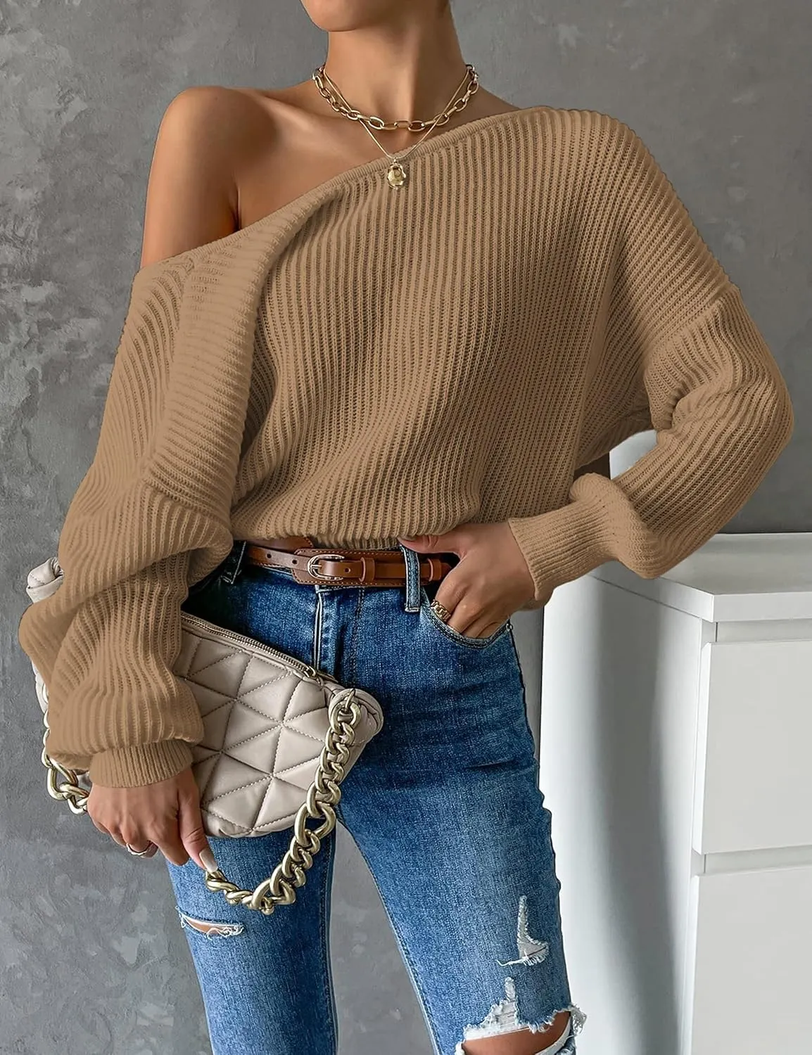 Labolliy Women Twist Back Backless Drop Shoulder Long Sleeve Pullover Rib Knit Sweater Tops