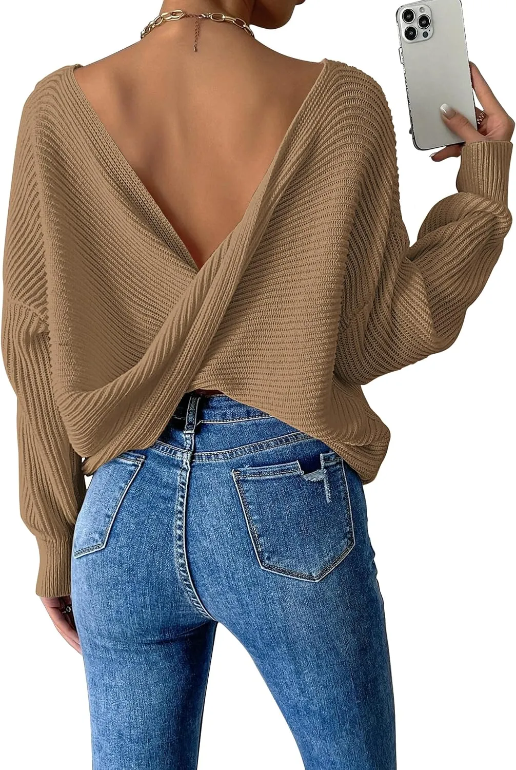 Labolliy Women Twist Back Backless Drop Shoulder Long Sleeve Pullover Rib Knit Sweater Tops