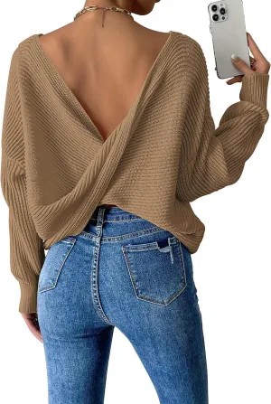 Labolliy Women Twist Back Backless Drop Shoulder Long Sleeve Pullover Rib Knit Sweater Tops
