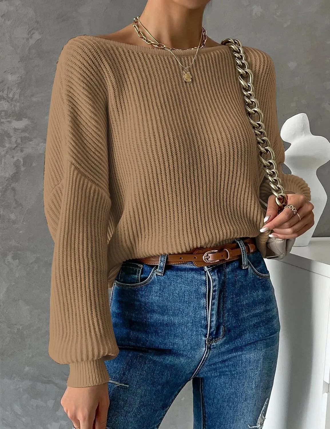 Labolliy Women Twist Back Backless Drop Shoulder Long Sleeve Pullover Rib Knit Sweater Tops