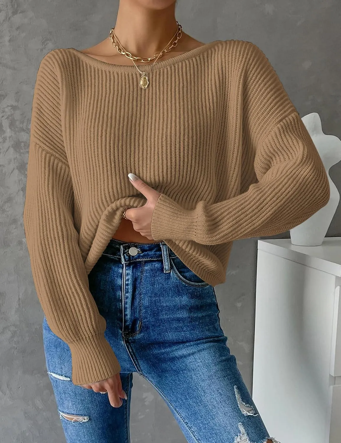 Labolliy Women Twist Back Backless Drop Shoulder Long Sleeve Pullover Rib Knit Sweater Tops