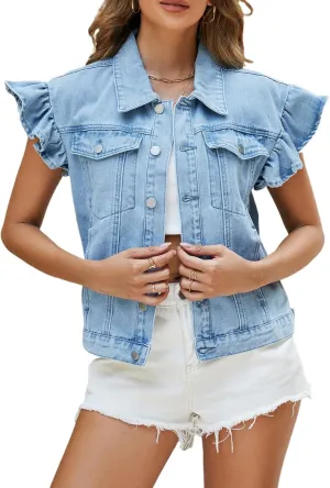 Ladyful Womens Denim Vest Top Ruffle Cap Sleeve Jean Vest Button Down Sleeveless Denim Jacket