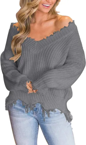 LAMISSCHE Womens Loose Knitted Off The Shoulder Sweater Solid V Neck Long Sleeve Pullover Ripped Crop Top