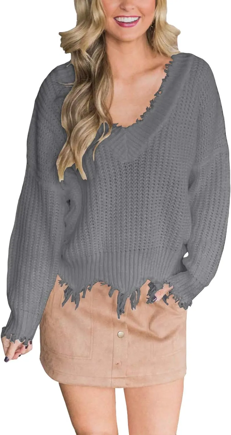 LAMISSCHE Womens Loose Knitted Off The Shoulder Sweater Solid V Neck Long Sleeve Pullover Ripped Crop Top