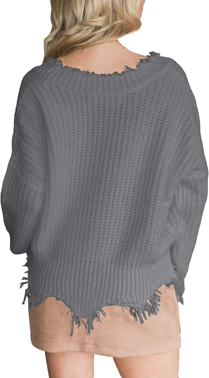LAMISSCHE Womens Loose Knitted Off The Shoulder Sweater Solid V Neck Long Sleeve Pullover Ripped Crop Top