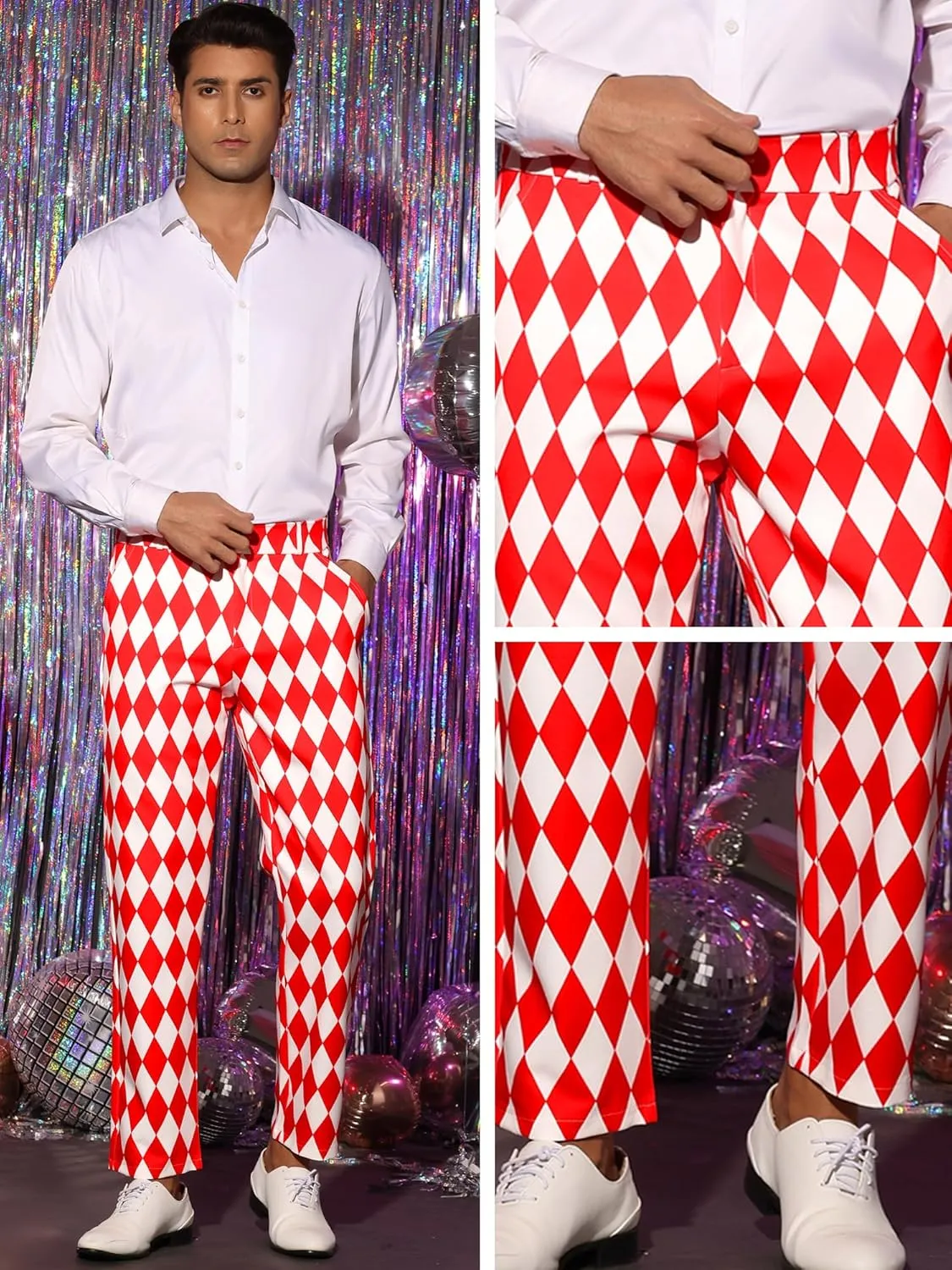 Lars Amadeus Argyle Pattern Pants for Men's Regular Fit Flat Front Party Prom Dress Trousers