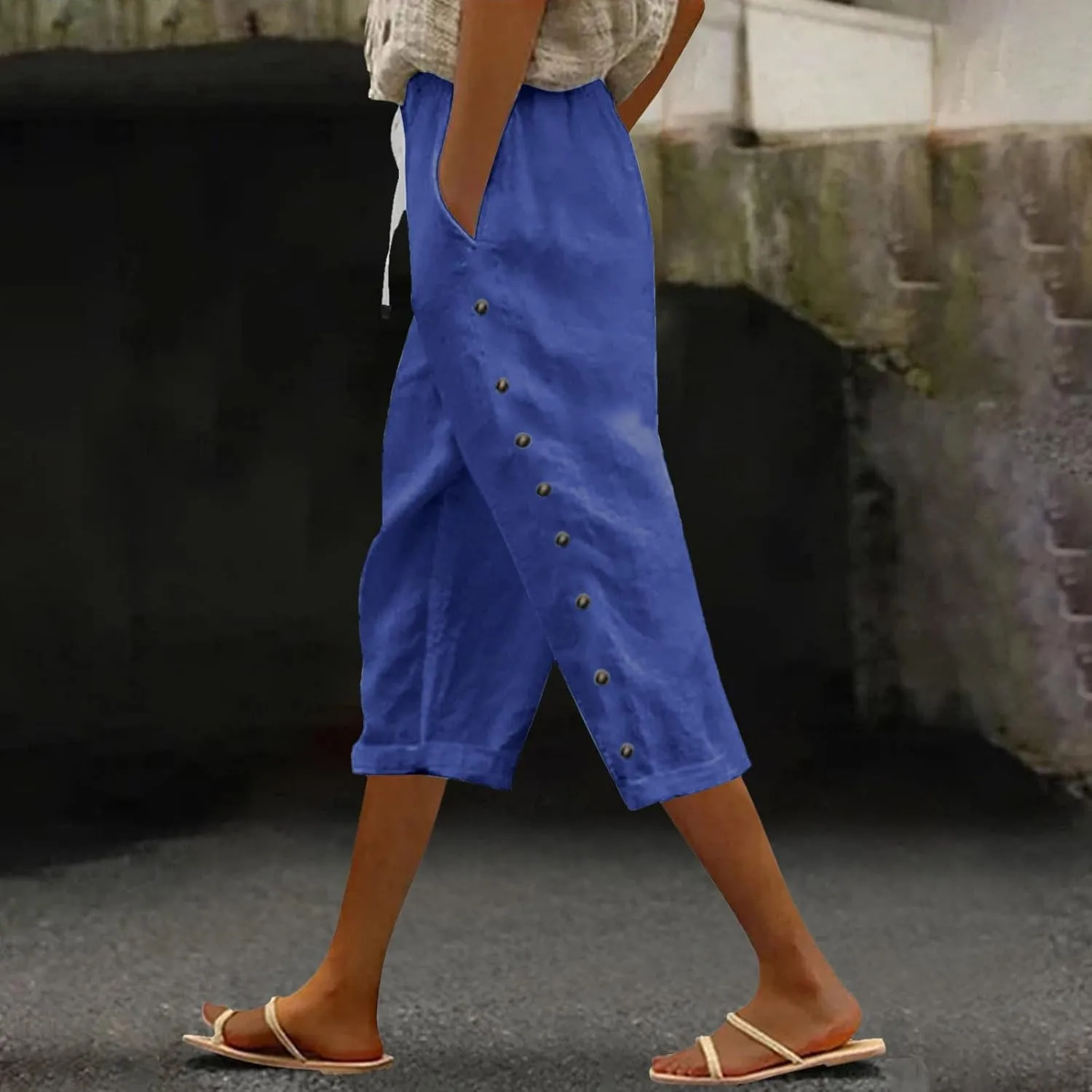 Lastesso Capri Pants for Women Basic Solid Summer Boho Lounge Trousers with Pocket Loose Comfy Drawstring Vacation Outfits