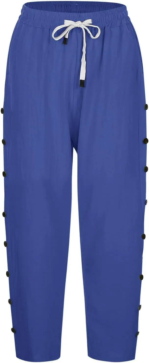 Lastesso Capri Pants for Women Basic Solid Summer Boho Lounge Trousers with Pocket Loose Comfy Drawstring Vacation Outfits