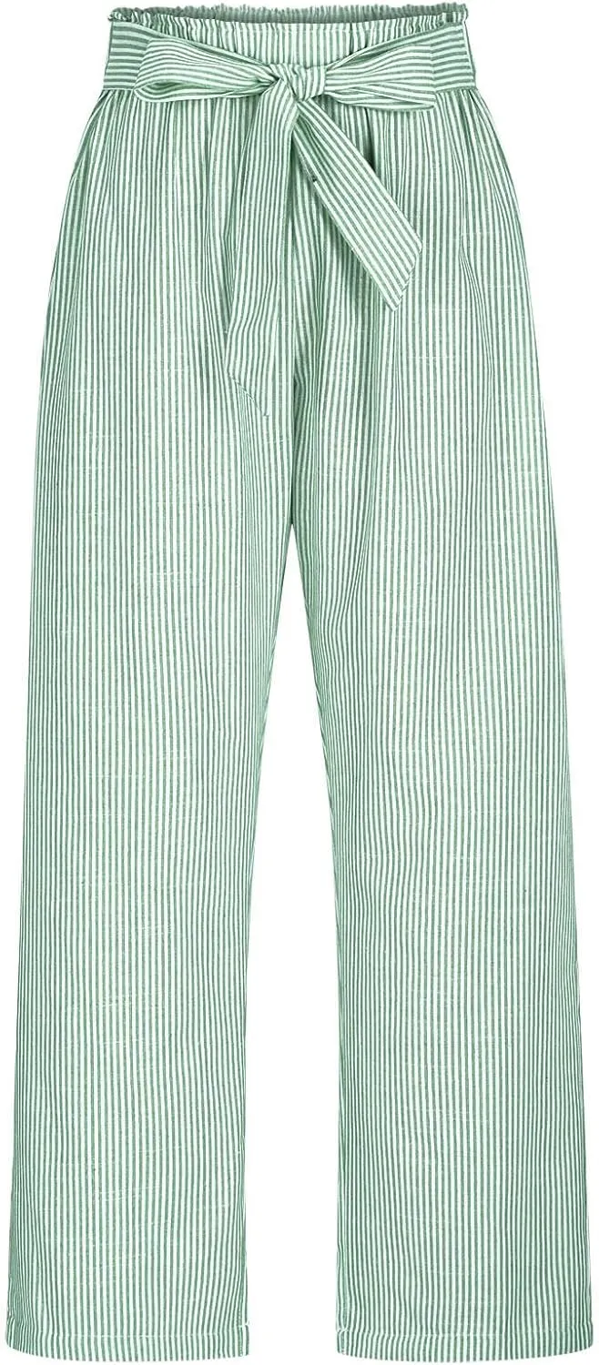 Lastesso Capri Pants for Women Fashion Vertical Stripe High Waist Belted Trousers Flowy Boho Business Casual Summer Outfits