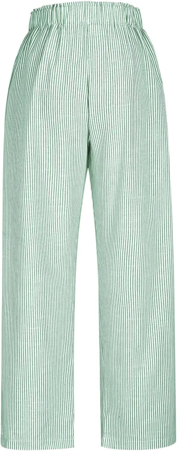 Lastesso Capri Pants for Women Fashion Vertical Stripe High Waist Belted Trousers Flowy Boho Business Casual Summer Outfits