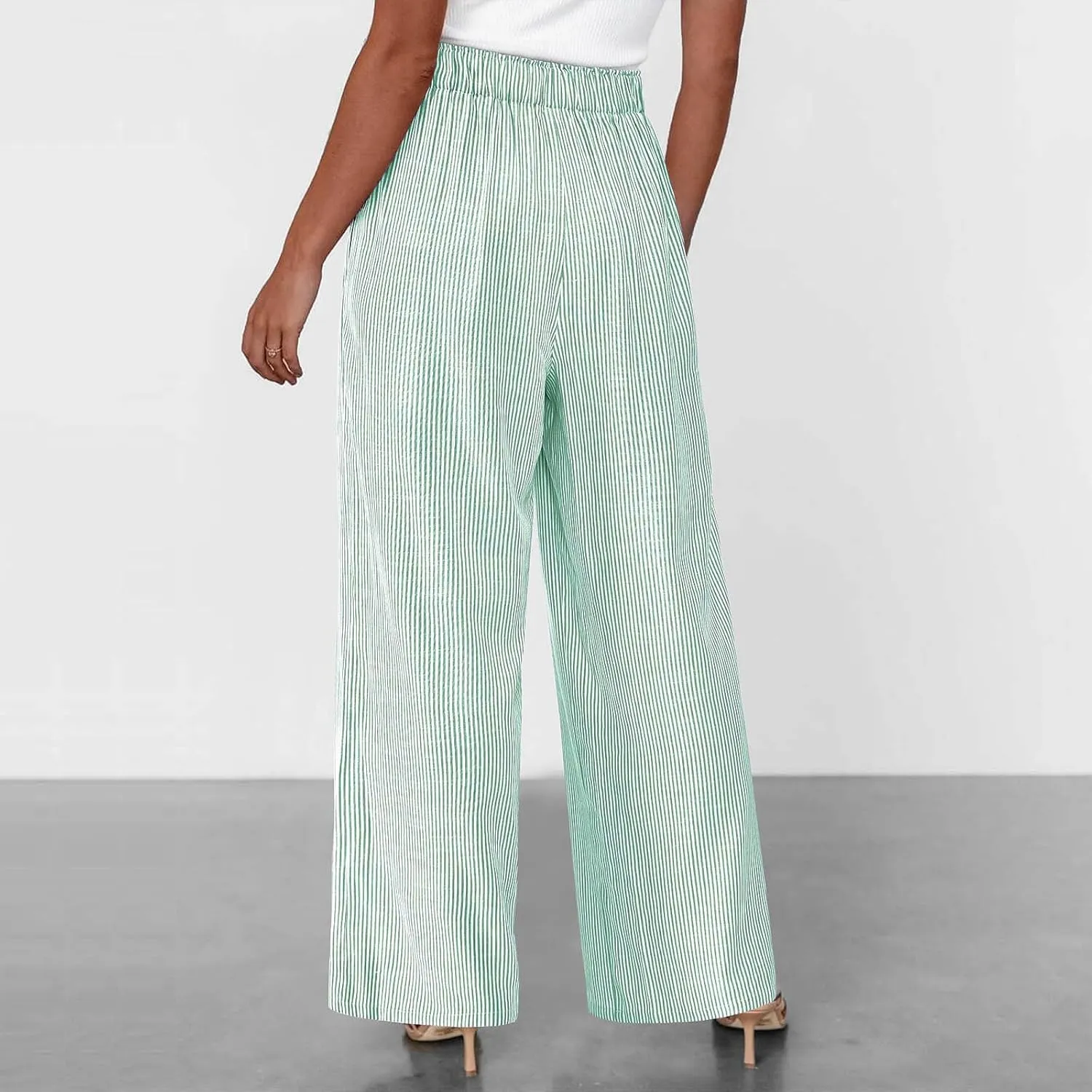 Lastesso Capri Pants for Women Fashion Vertical Stripe High Waist Belted Trousers Flowy Boho Business Casual Summer Outfits