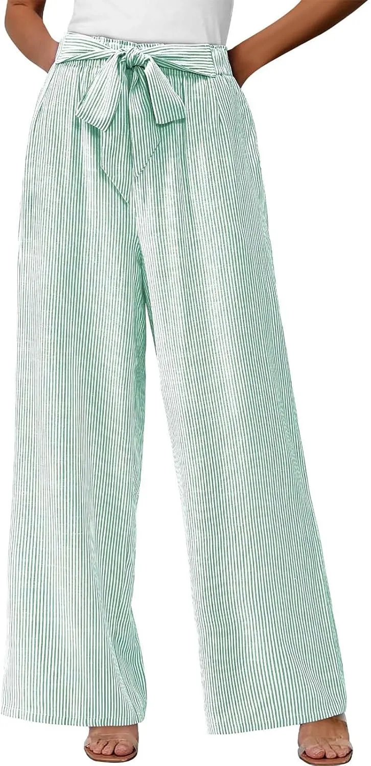 Lastesso Capri Pants for Women Fashion Vertical Stripe High Waist Belted Trousers Flowy Boho Business Casual Summer Outfits