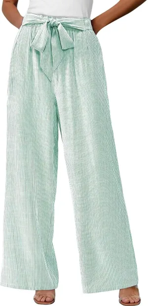 Lastesso Capri Pants for Women Fashion Vertical Stripe High Waist Belted Trousers Flowy Boho Business Casual Summer Outfits