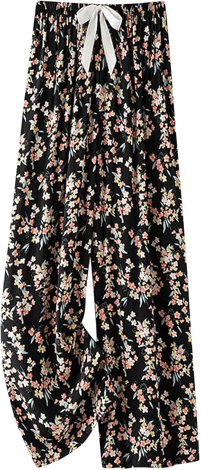 Lastesso Palazzo Pants for Women Fashion Floral Print Summer Lounge Trousers Bow-Knot High Waist Elastic Waistband Pants