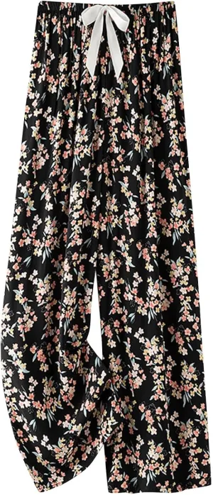 Lastesso Palazzo Pants for Women Fashion Floral Print Summer Lounge Trousers Bow-Knot High Waist Elastic Waistband Pants