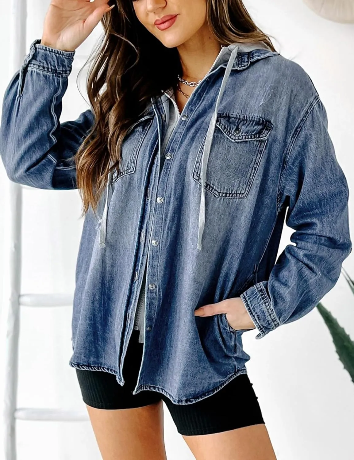 LifeShe Women's Hooded Zip Up Denim Jacket Shacket Oversized Jean Jackets Shirt With Hoodie