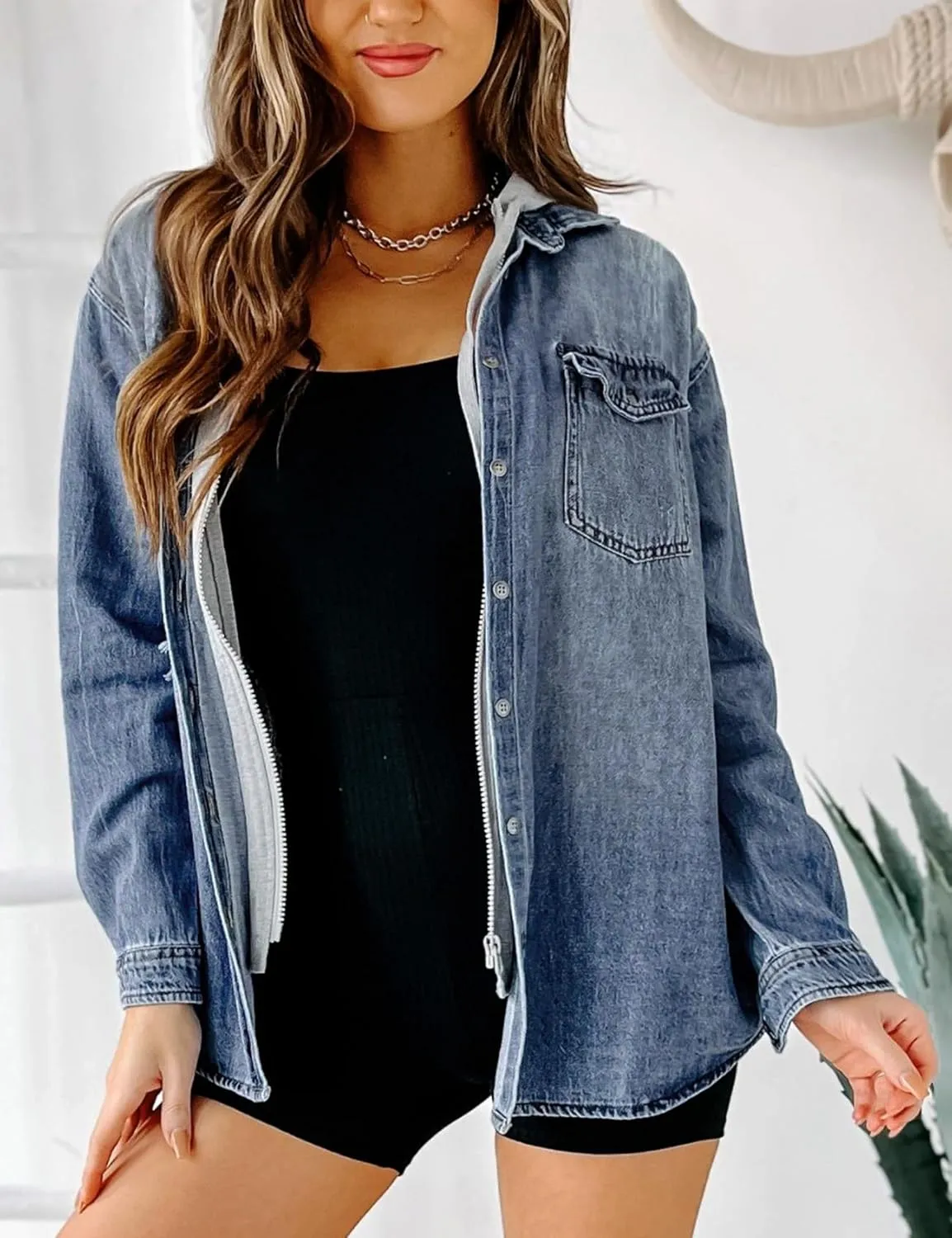 LifeShe Women's Hooded Zip Up Denim Jacket Shacket Oversized Jean Jackets Shirt With Hoodie