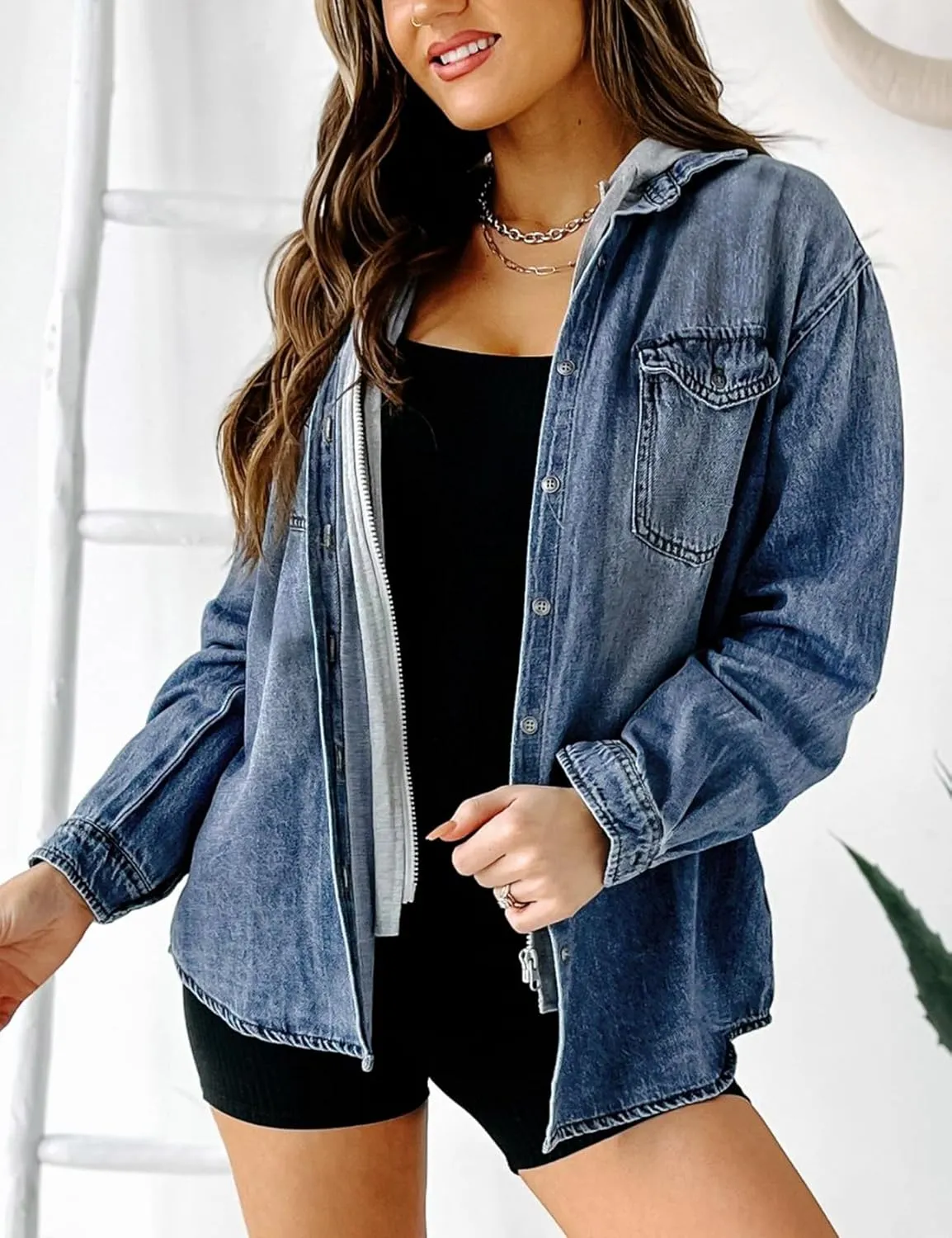 LifeShe Women's Hooded Zip Up Denim Jacket Shacket Oversized Jean Jackets Shirt With Hoodie