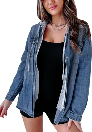 LifeShe Women's Hooded Zip Up Denim Jacket Shacket Oversized Jean Jackets Shirt With Hoodie