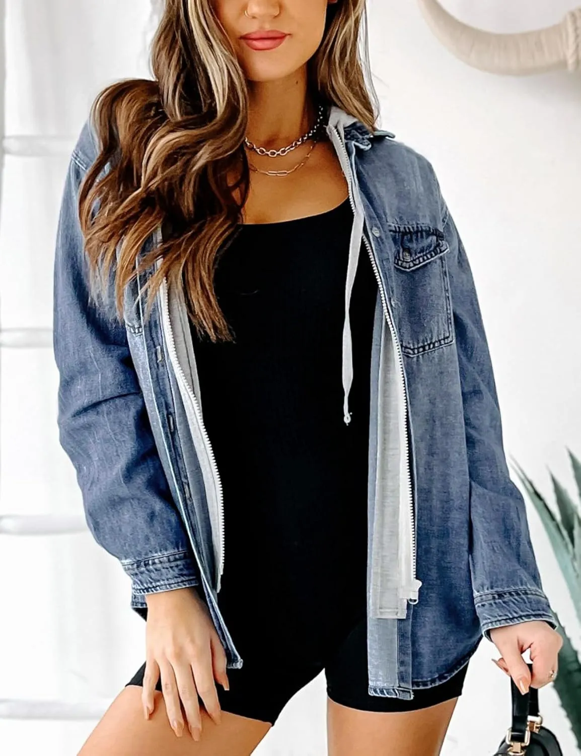LifeShe Women's Hooded Zip Up Denim Jacket Shacket Oversized Jean Jackets Shirt With Hoodie