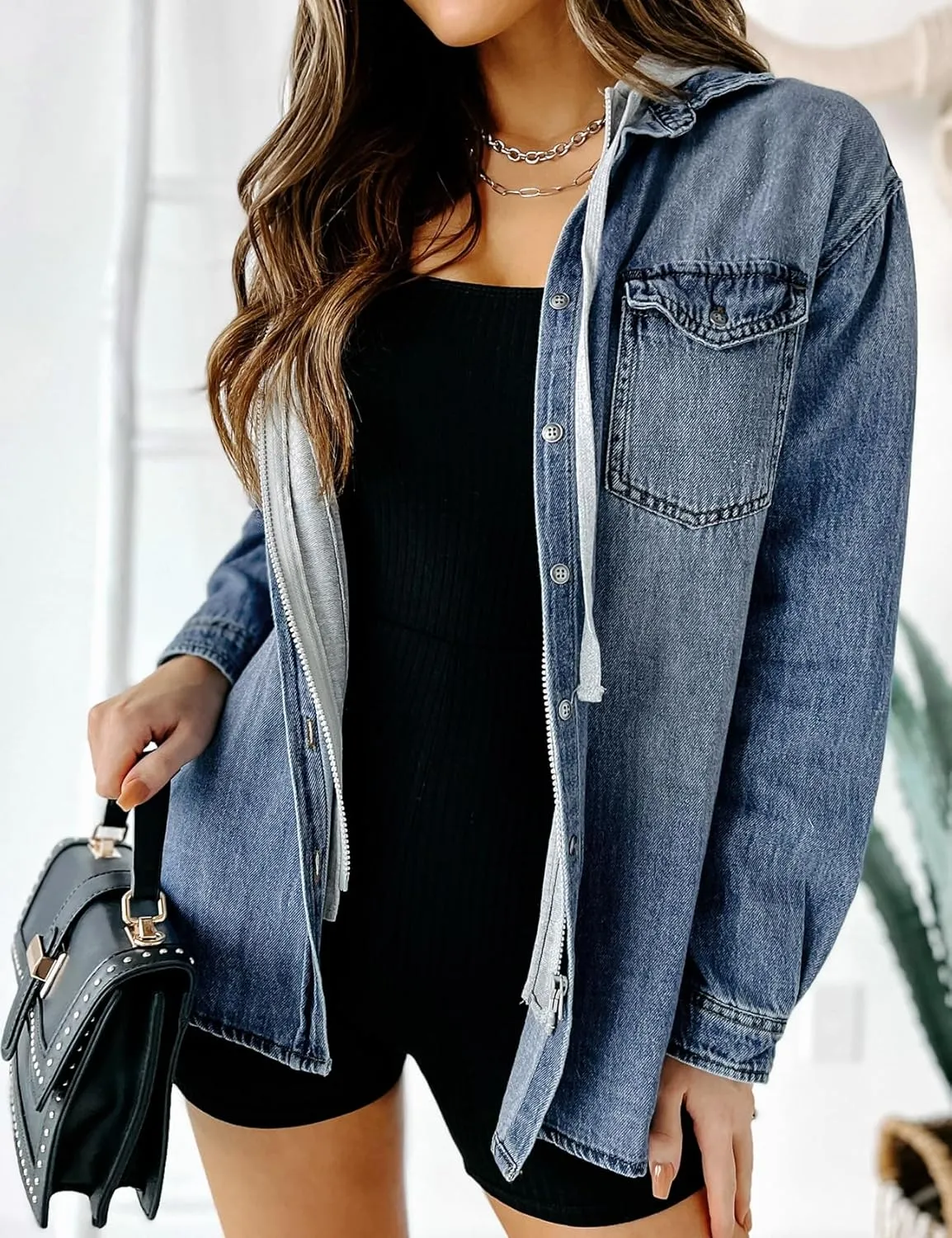 LifeShe Women's Hooded Zip Up Denim Jacket Shacket Oversized Jean Jackets Shirt With Hoodie