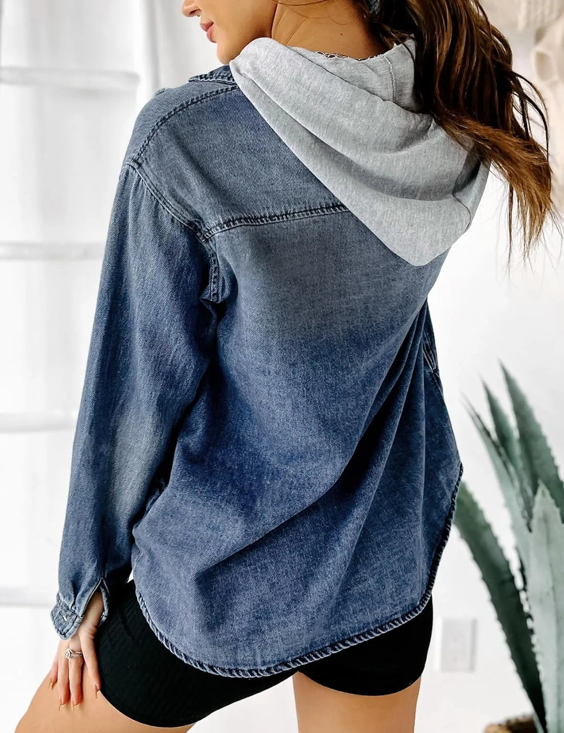 LifeShe Women's Hooded Zip Up Denim Jacket Shacket Oversized Jean Jackets Shirt With Hoodie