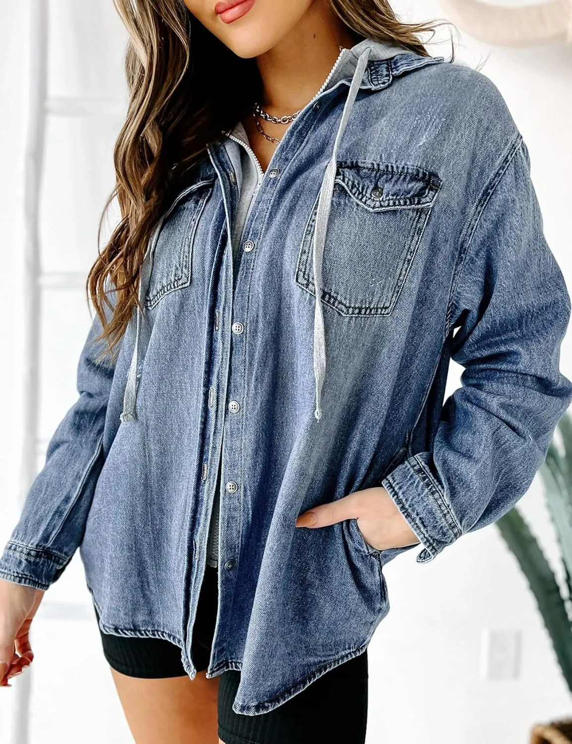 LifeShe Women's Hooded Zip Up Denim Jacket Shacket Oversized Jean Jackets Shirt With Hoodie