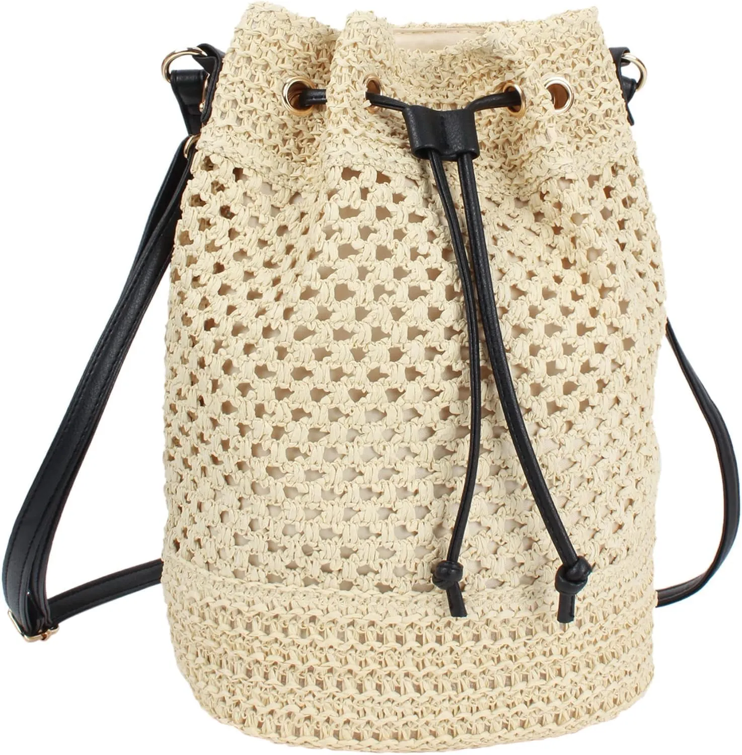 Lightweight Straw Crochet Drawstring Bucket Bag Beach Bag Hollow Out Shoulders Bag for Women One Size