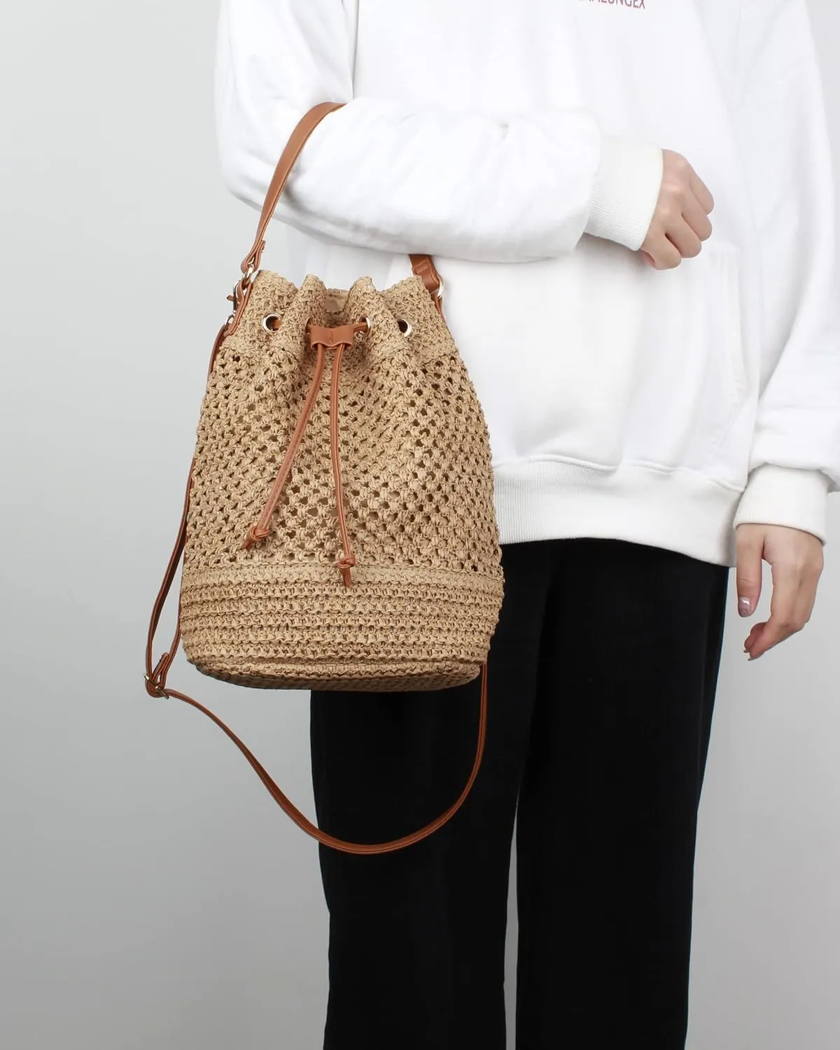 Lightweight Straw Crochet Drawstring Bucket Bag Beach Bag Hollow Out Shoulders Bag for Women One Size
