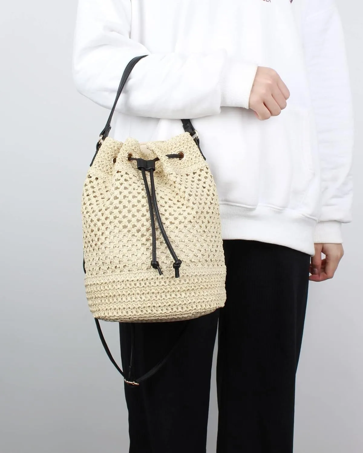 Lightweight Straw Crochet Drawstring Bucket Bag Beach Bag Hollow Out Shoulders Bag for Women One Size